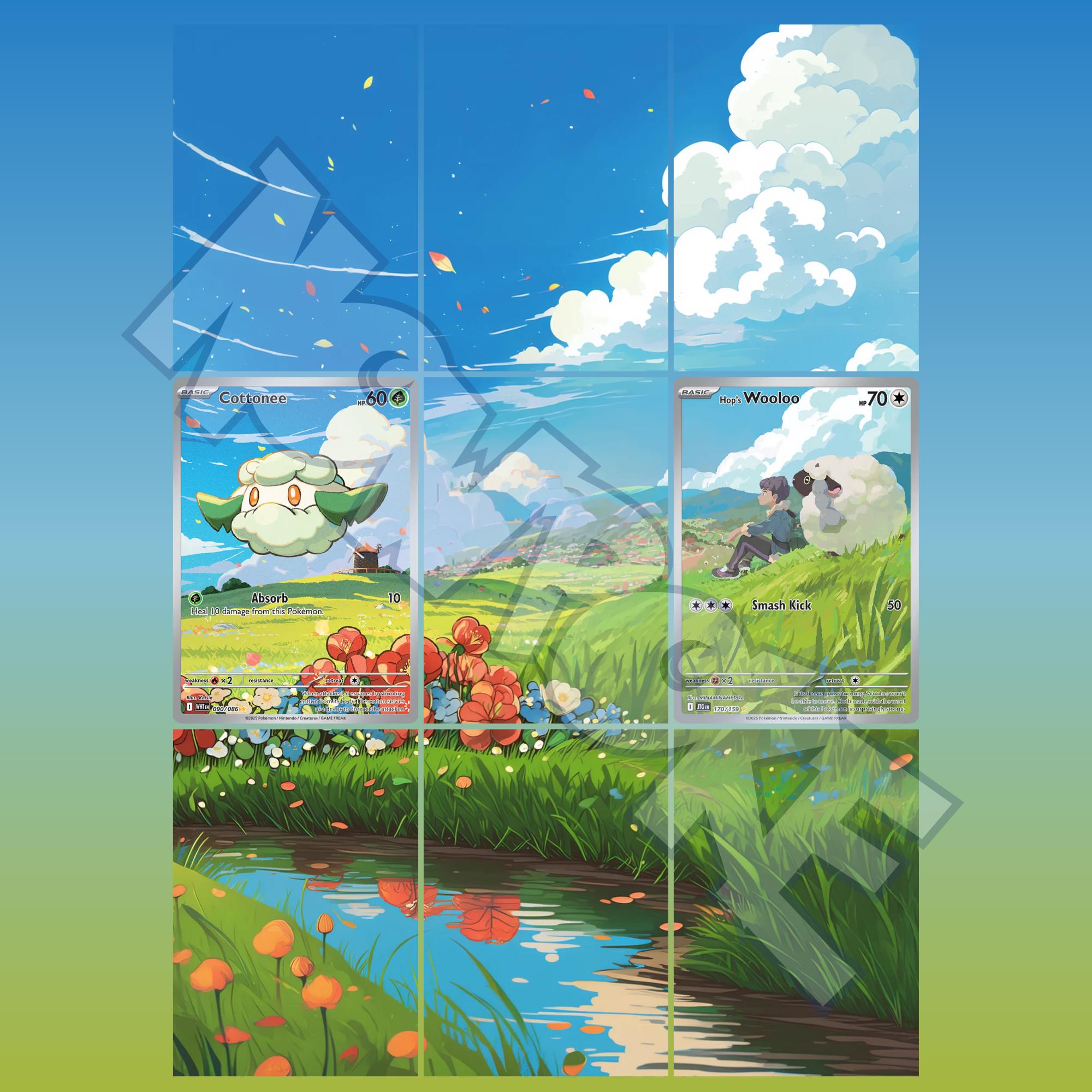 Wooloo and Cottonee card displayed in extended binder artwork, styled as premium extended binder art for Pokémon collectors. Shows what you will receive as a PDF to download and print.