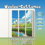 Extended binder art cover featuring Wooloo and Cottonee Card in a 3×3 binder layout, with framed artwork accents and digital download labels.