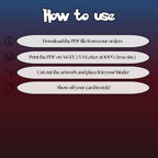 How to use instructions for printable Giratina extended binder art, showing steps for downloading, printing, cutting and inserting the artwork to your binder.