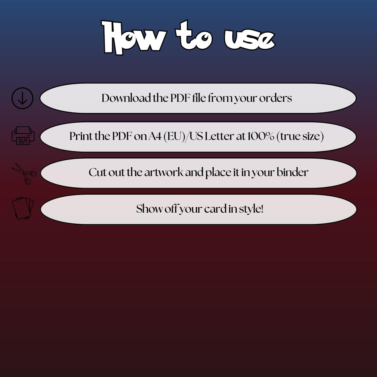 How to use instructions for printable Giratina extended binder art, showing steps for downloading, printing, cutting and inserting the artwork to your binder.