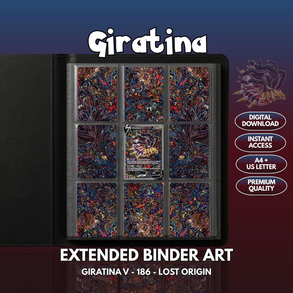 Extended binder art cover featuring Giratina Card in a 3×3 binder layout, with framed artwork accents and digital download labels.