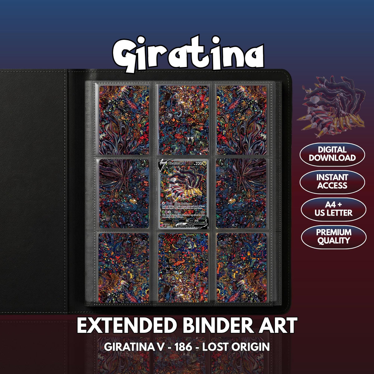 Extended binder art cover featuring Giratina Card in a 3×3 binder layout, with framed artwork accents and digital download labels.