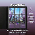 Extended binder art cover featuring Mewtwo Card in a 3×3 binder layout, with framed artwork accents and digital download labels.