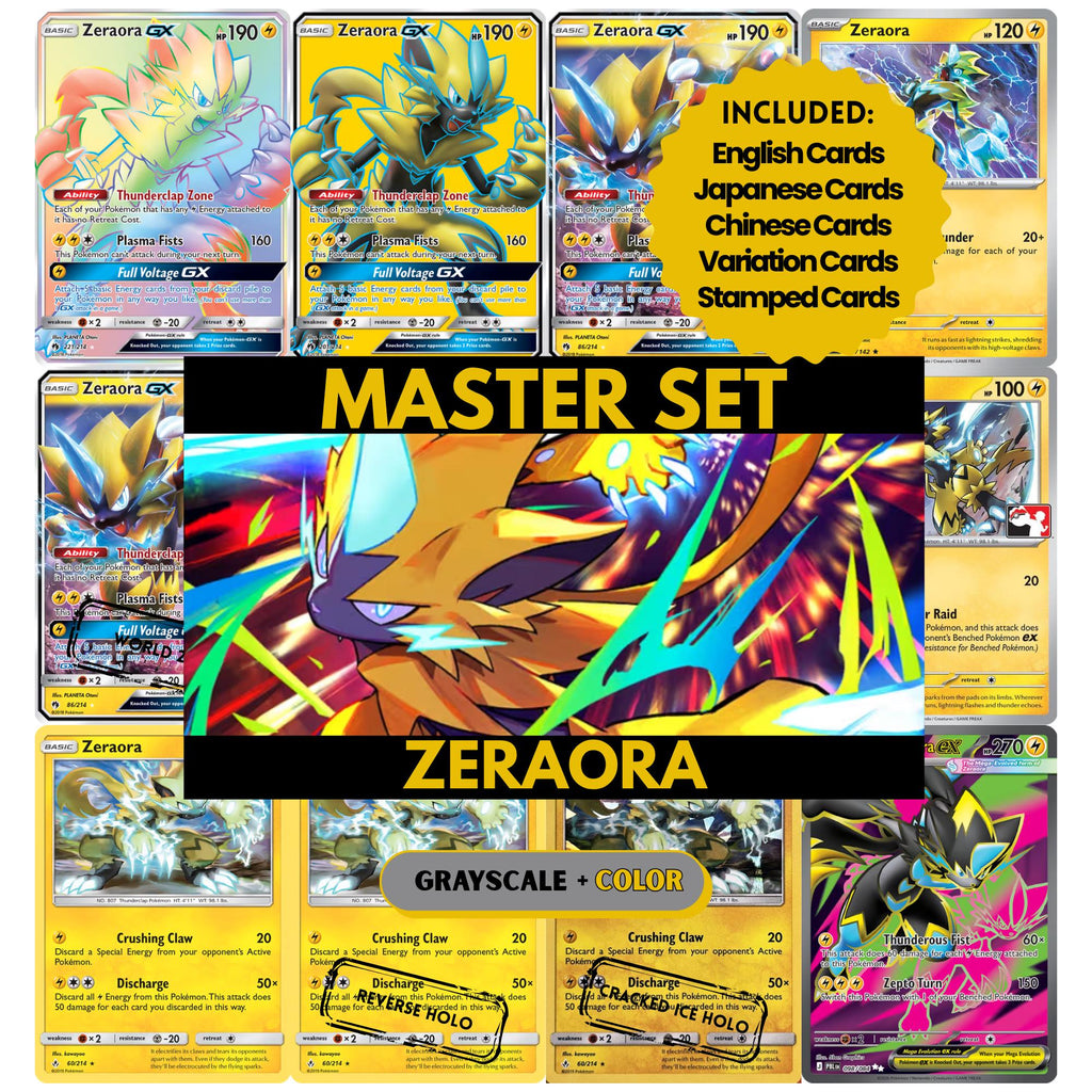 Zeraora binder pages set showing grayscale and color Pokémon cards, designed as a digital download to complete a collector’s binder.
