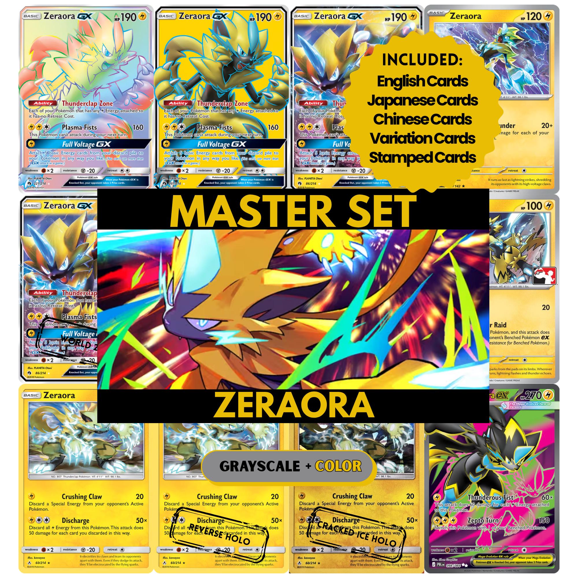 Zeraora binder pages set showing grayscale and color Pokémon cards, designed as a digital download to complete a collector’s binder.
