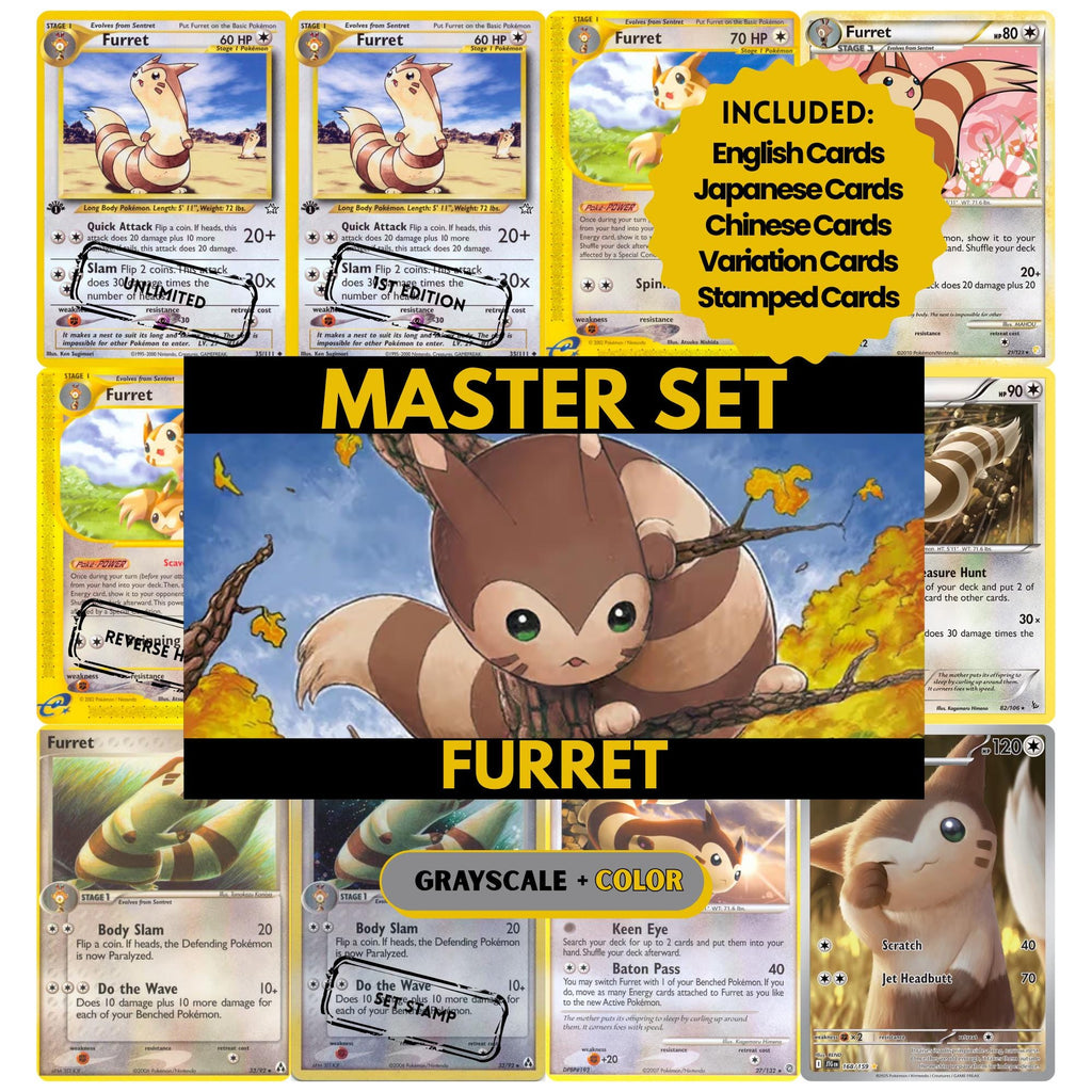 Furret binder pages set showing grayscale and color Pokémon cards, designed as a digital download to complete a collector’s binder.