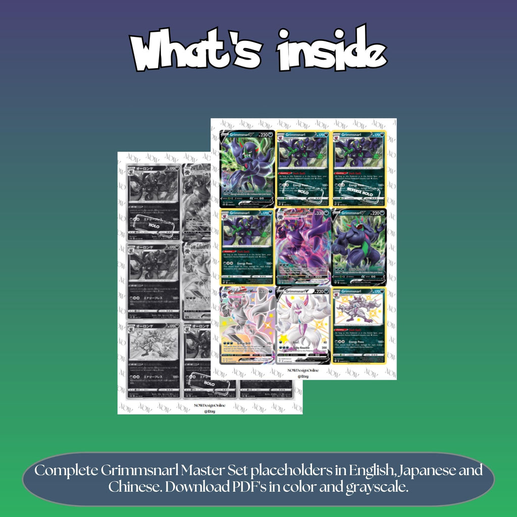 Grimmsnarl binder pages set overview showing the included Pokémon cards to print and cut for your binder sleeves.