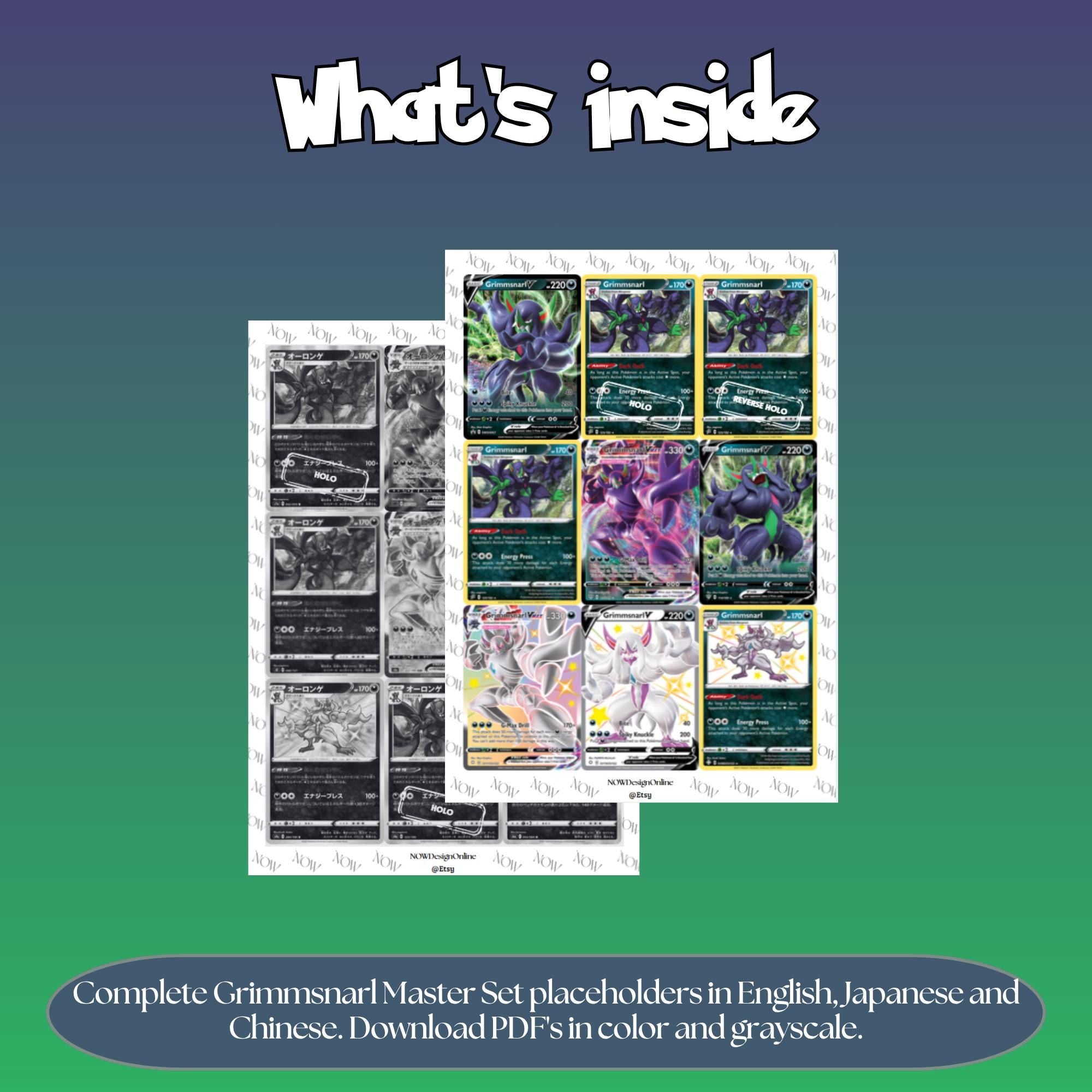 Grimmsnarl binder pages set overview showing the included Pokémon cards to print and cut for your binder sleeves.