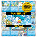 Quaxly binder pages set showing grayscale and color Pokémon cards, designed as a digital download to complete a collector’s binder.
