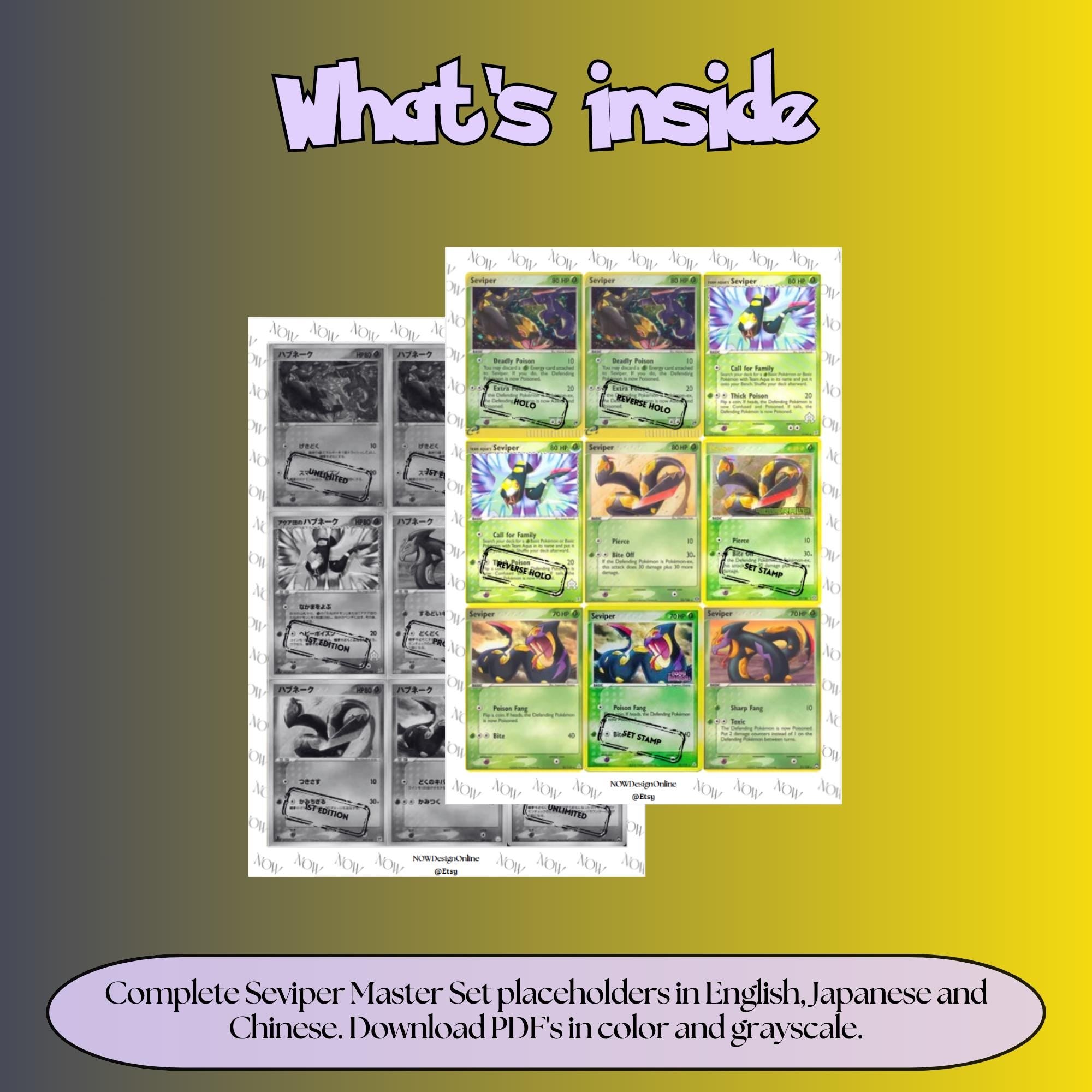 Seviper binder pages set overview showing the included Pokémon cards to print and cut for your binder sleeves.