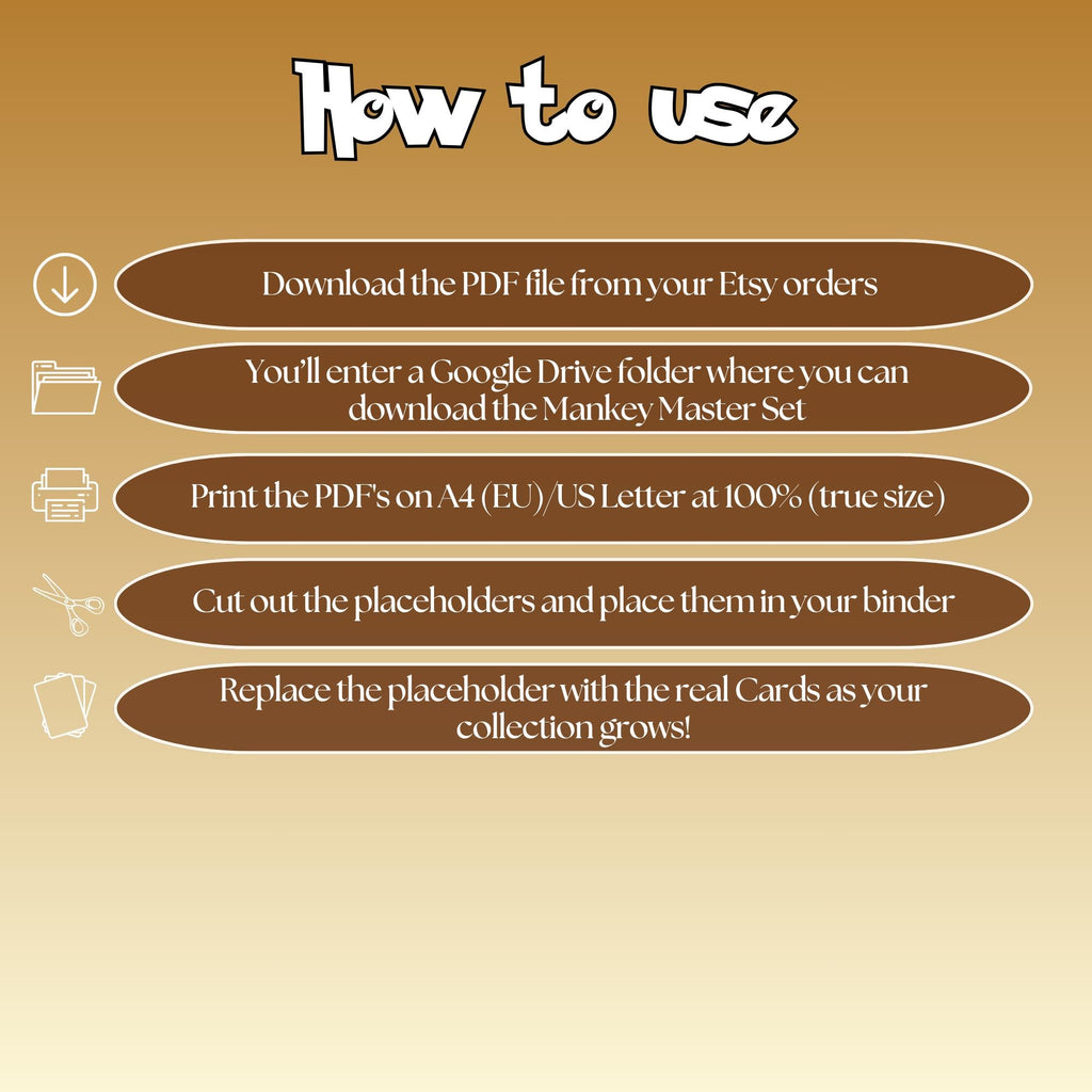 Mankey cards digital download instructions explaining how to print, cut, and place placeholders in a Pokémon binder.