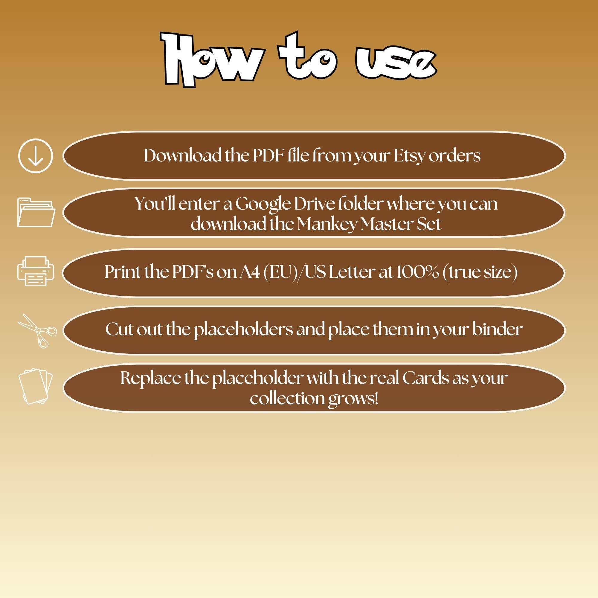 Mankey cards digital download instructions explaining how to print, cut, and place placeholders in a Pokémon binder.
