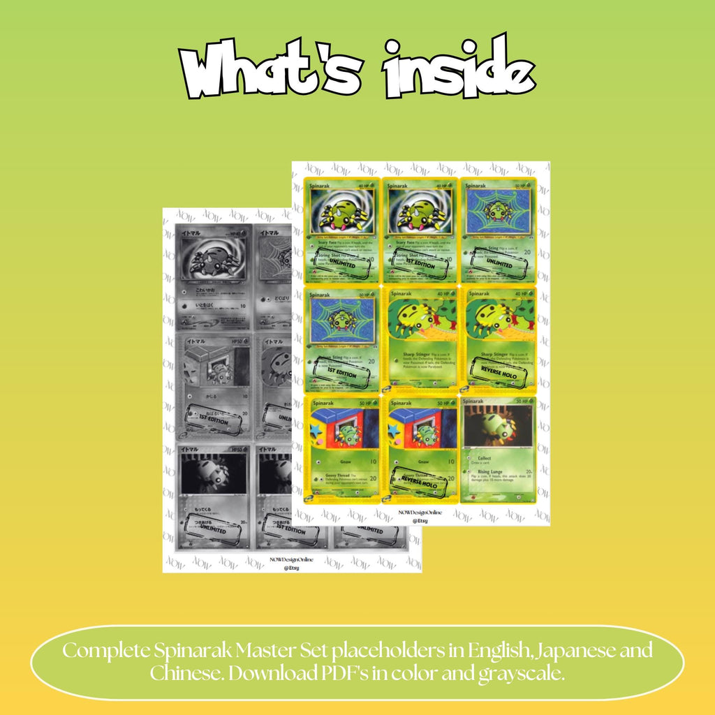 Spinarak binder pages set overview showing the included Pokémon cards to print and cut for your binder sleeves.