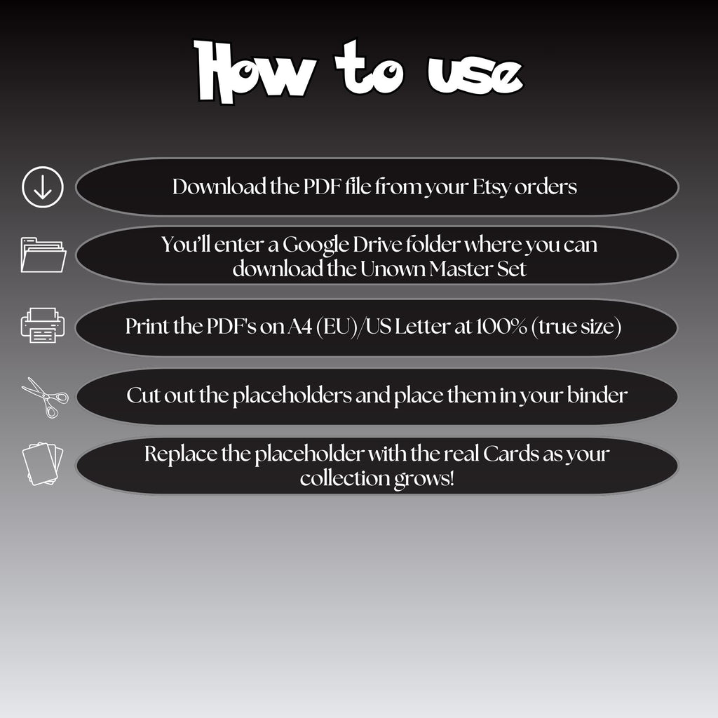 Unown cards digital download instructions explaining how to print, cut, and place placeholders in a Pokémon binder.