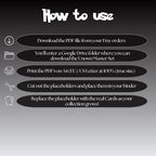 Unown cards digital download instructions explaining how to print, cut, and place placeholders in a Pokémon binder.