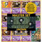 Unown binder pages set showing grayscale and color Pokémon cards, designed as a digital download to complete a collector’s binder.
