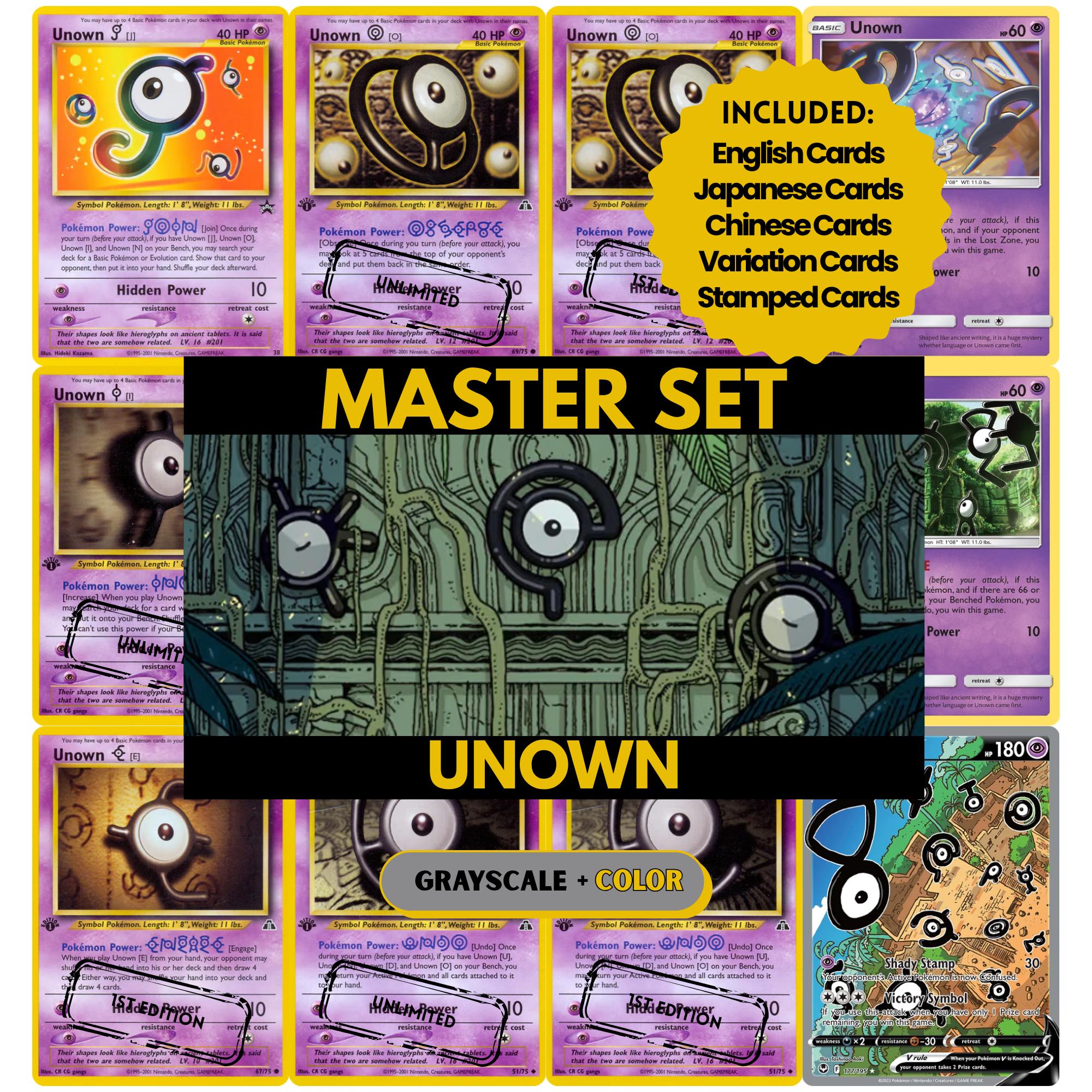 Unown binder pages set showing grayscale and color Pokémon cards, designed as a digital download to complete a collector’s binder.