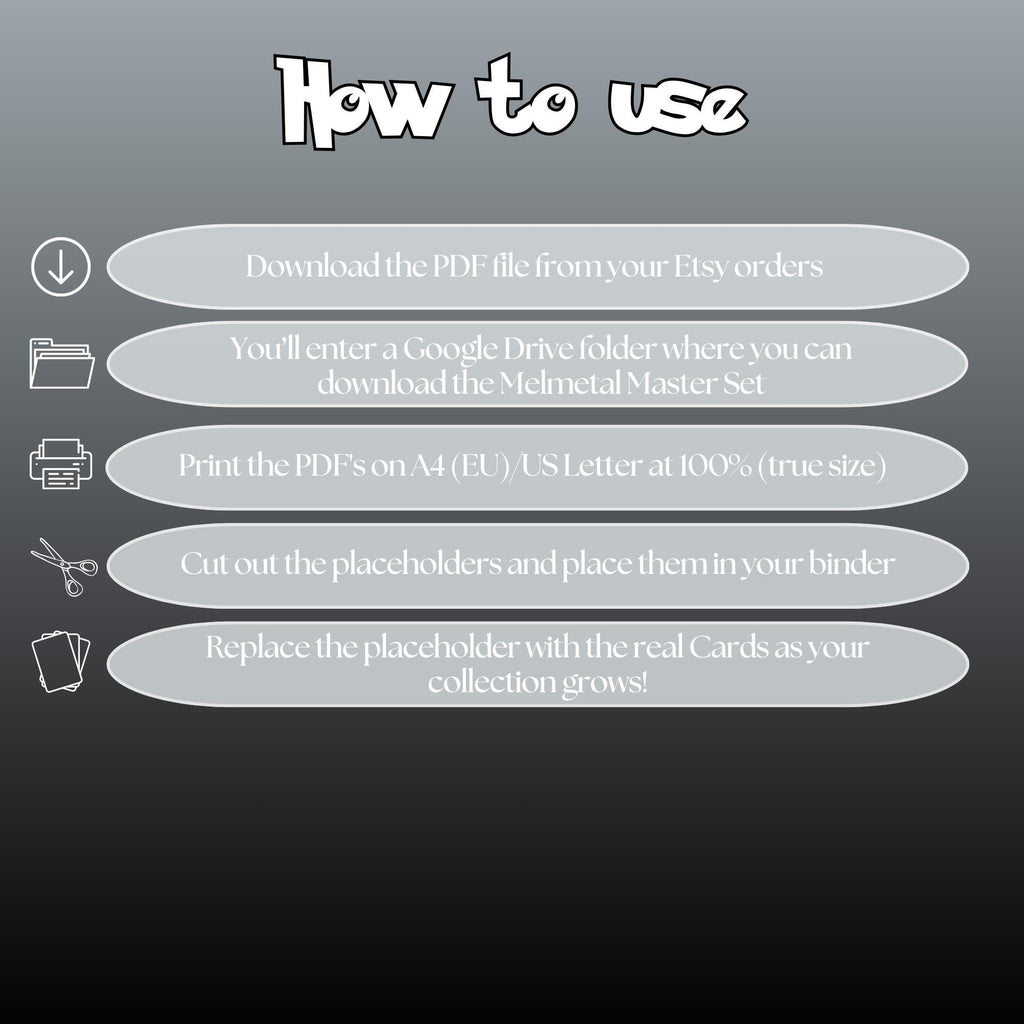 Melmetal cards digital download instructions explaining how to print, cut, and place placeholders in a Pokémon binder.