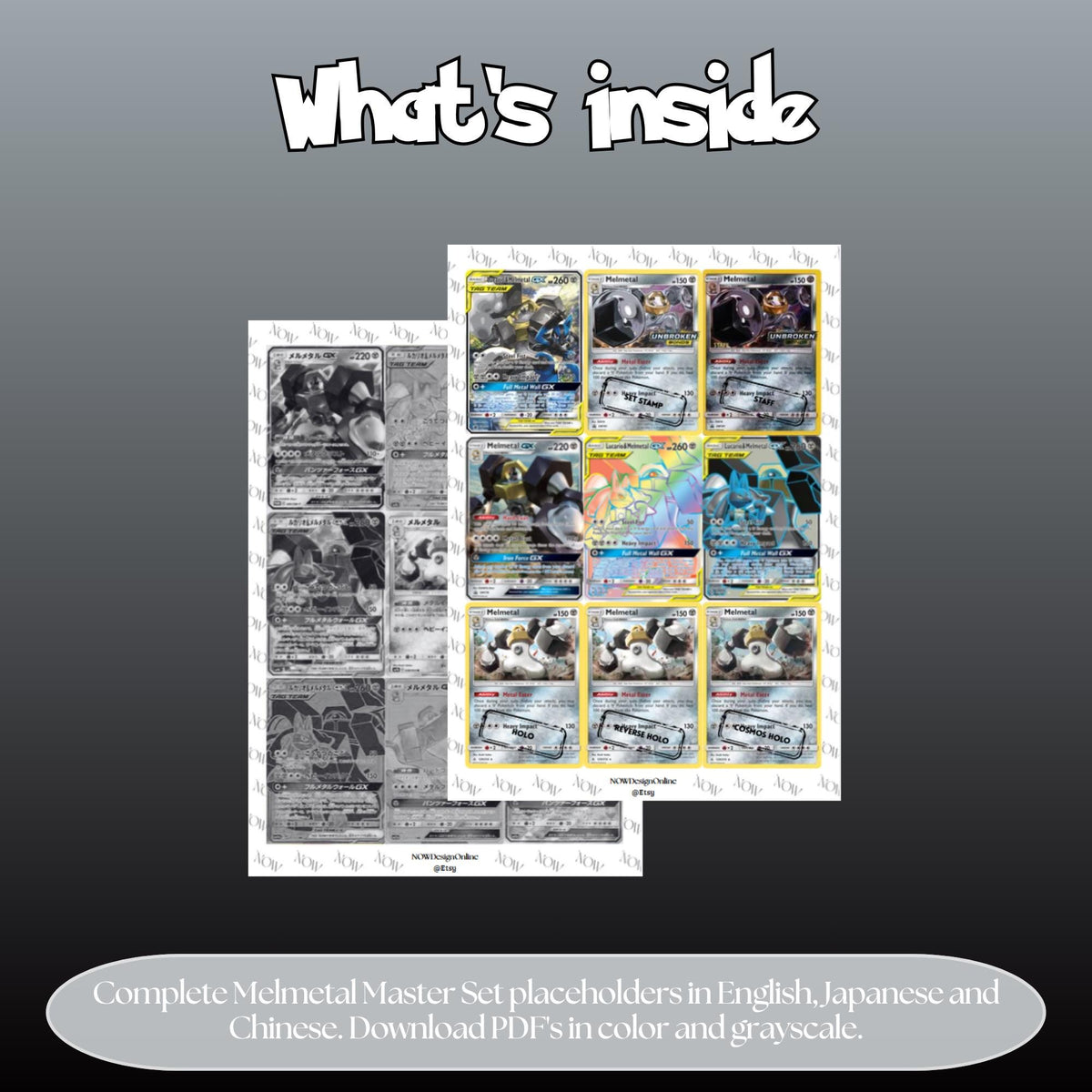 Melmetal binder pages set overview showing the included Pokémon cards to print and cut for your binder sleeves.