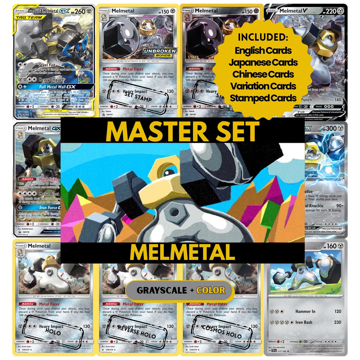 Melmetal binder pages set showing grayscale and color Pokémon cards, designed as a digital download to complete a collector’s binder.