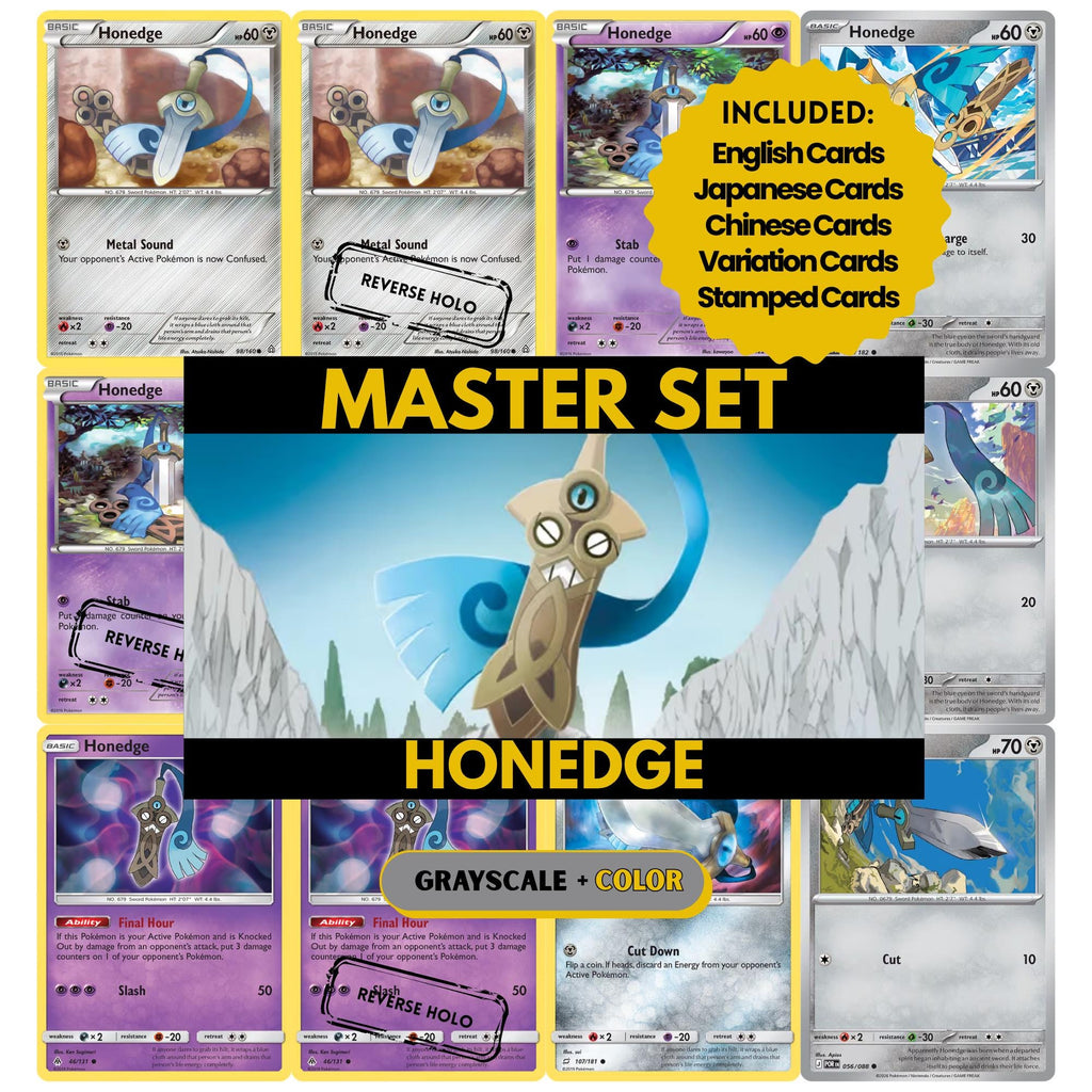 Honedge binder pages set showing grayscale and color Pokémon cards, designed as a digital download to complete a collector’s binder.