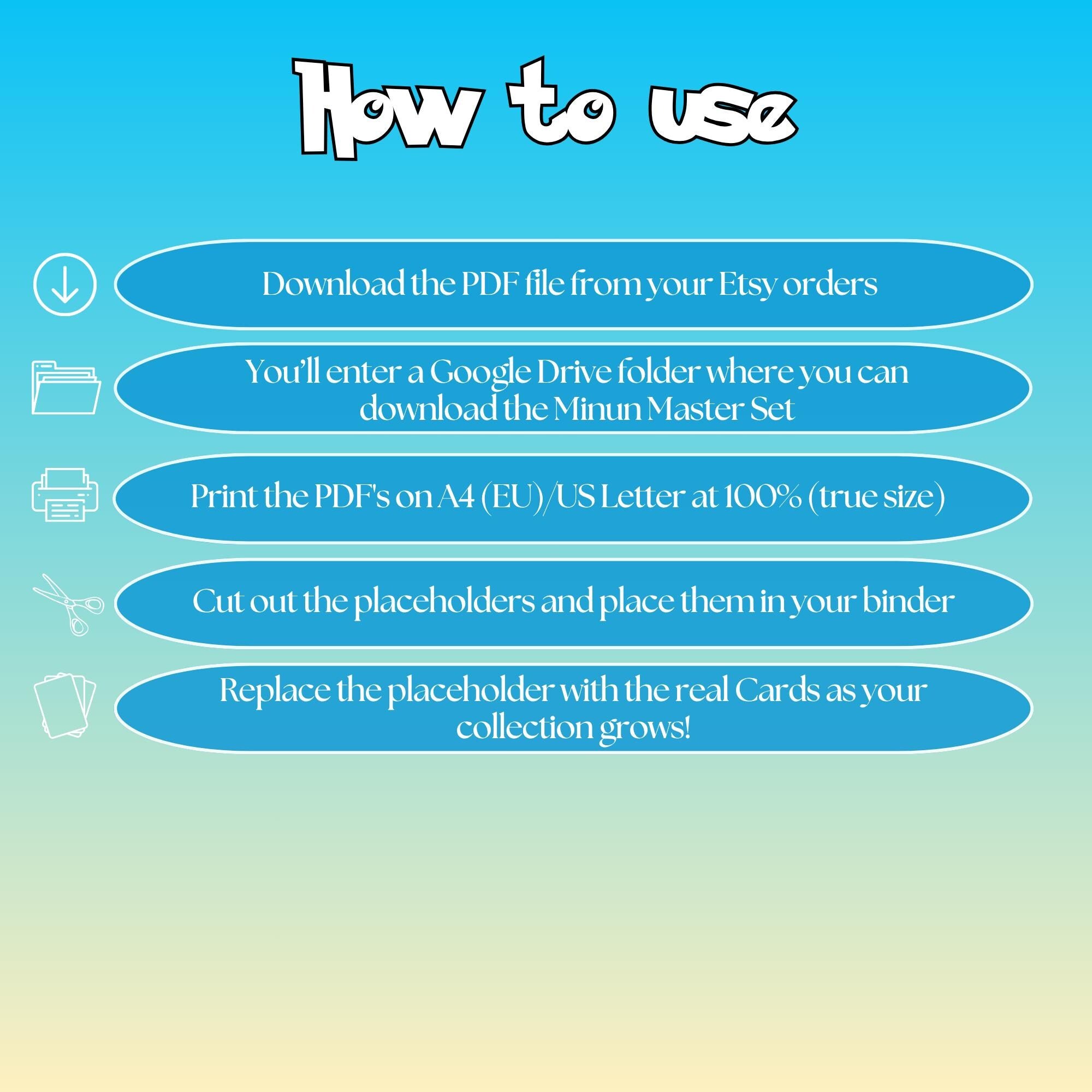Minun cards digital download instructions explaining how to print, cut, and place placeholders in a Pokémon binder.