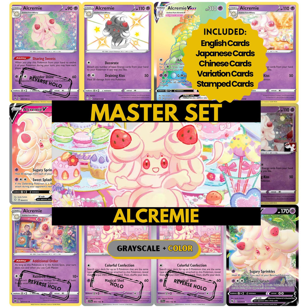 Alcremie binder pages set showing grayscale and color Pokémon cards, designed as a digital download to complete a collector’s binder.