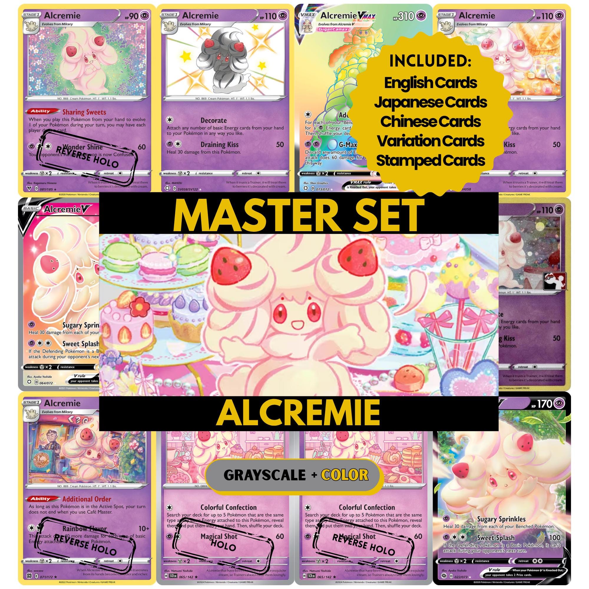 Alcremie binder pages set showing grayscale and color Pokémon cards, designed as a digital download to complete a collector’s binder.