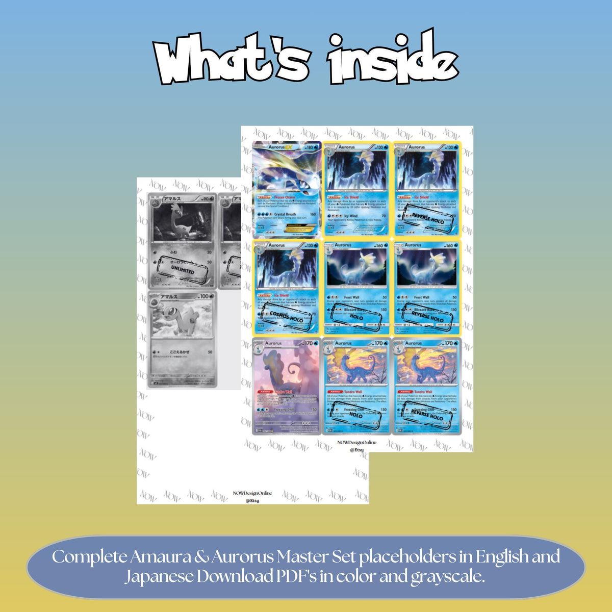 Amaura & Aurorus  binder pages set overview showing the included Pokémon cards to print and cut for your binder sleeves.