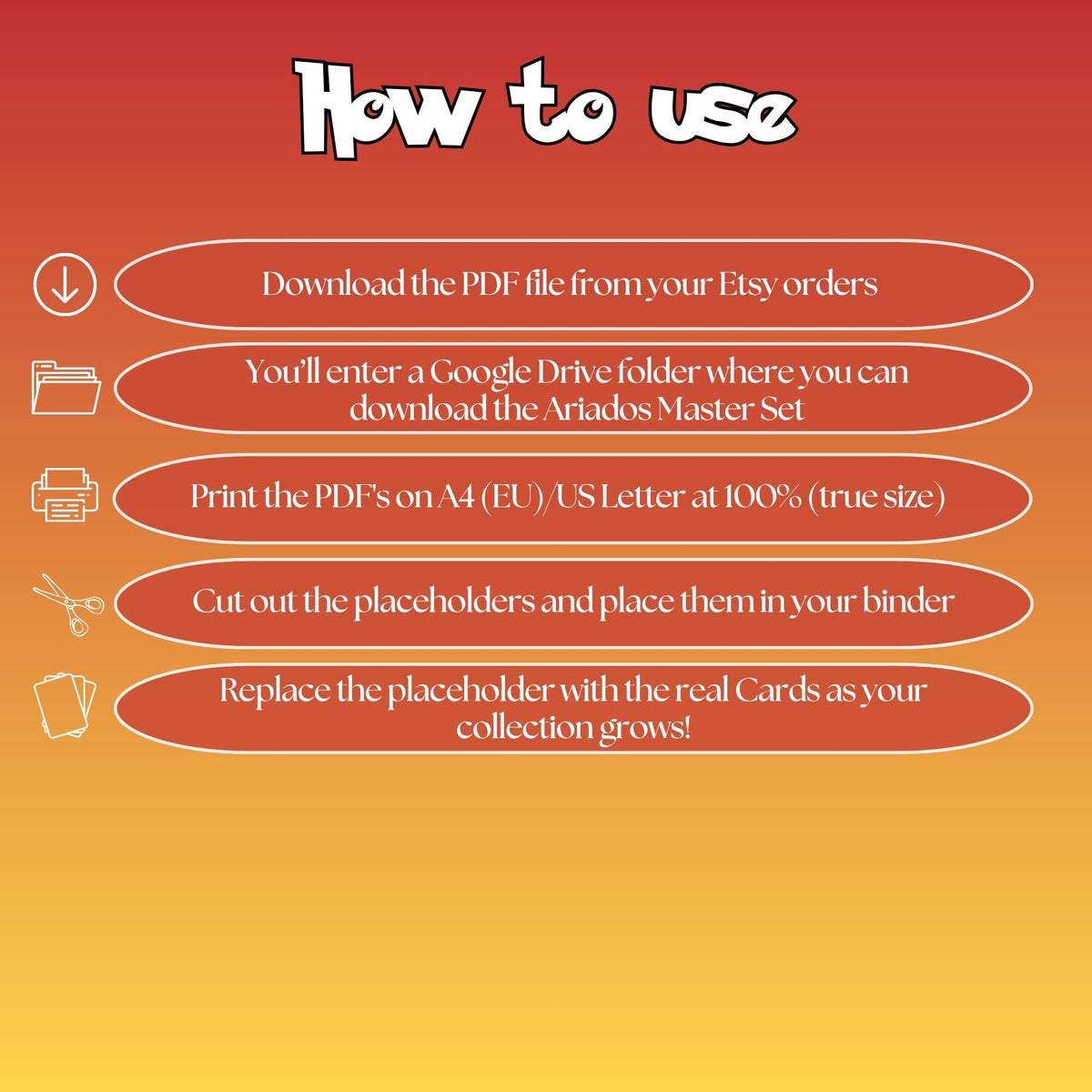 Ariados cards digital download instructions explaining how to print, cut, and place placeholders in a Pokémon binder.