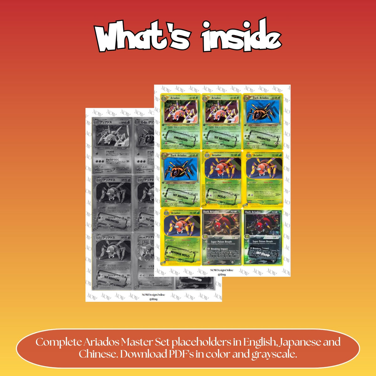 Ariados binder pages set overview showing the included Pokémon cards to print and cut for your binder sleeves.