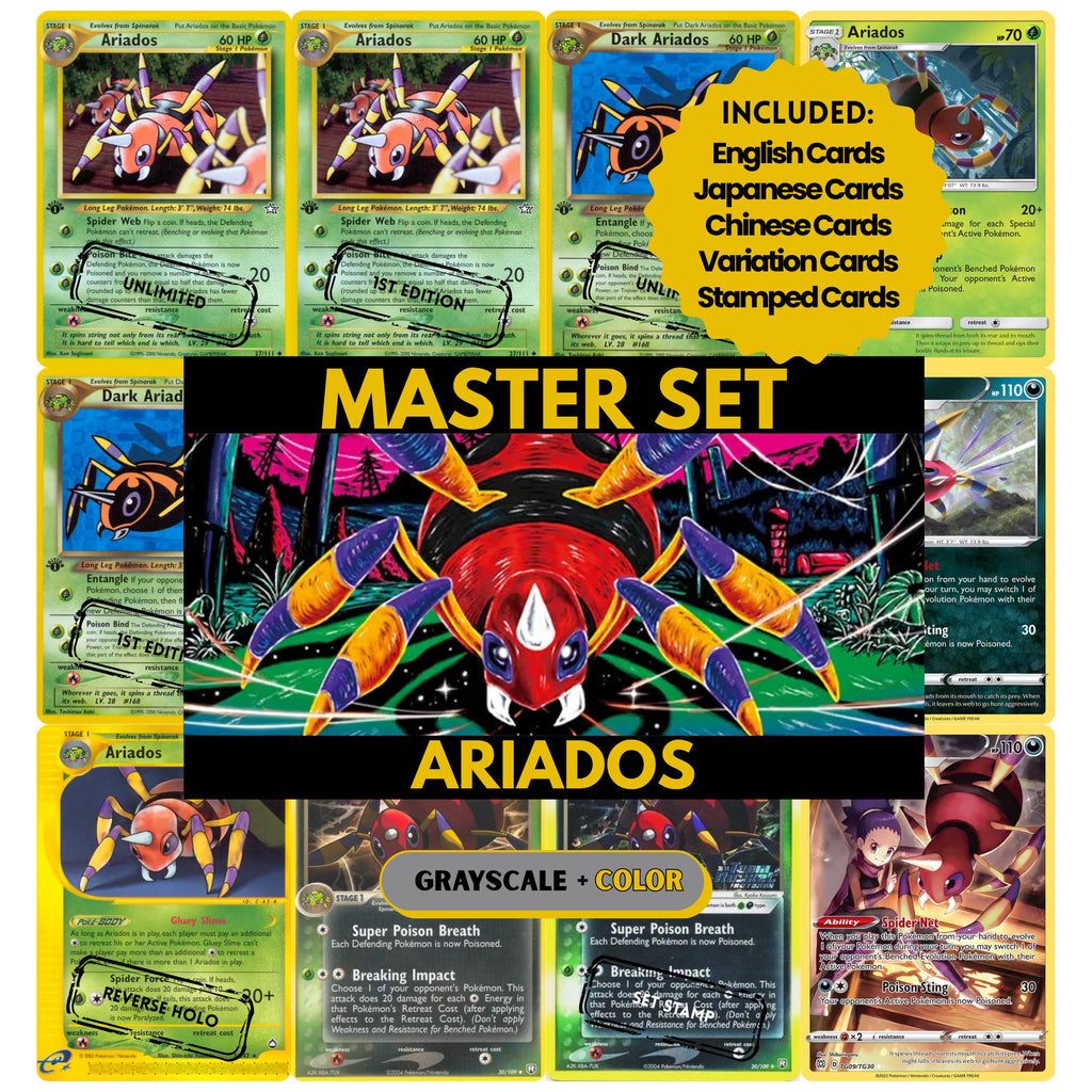 Ariados binder pages set showing grayscale and color Pokémon cards, designed as a digital download to complete a collector’s binder.