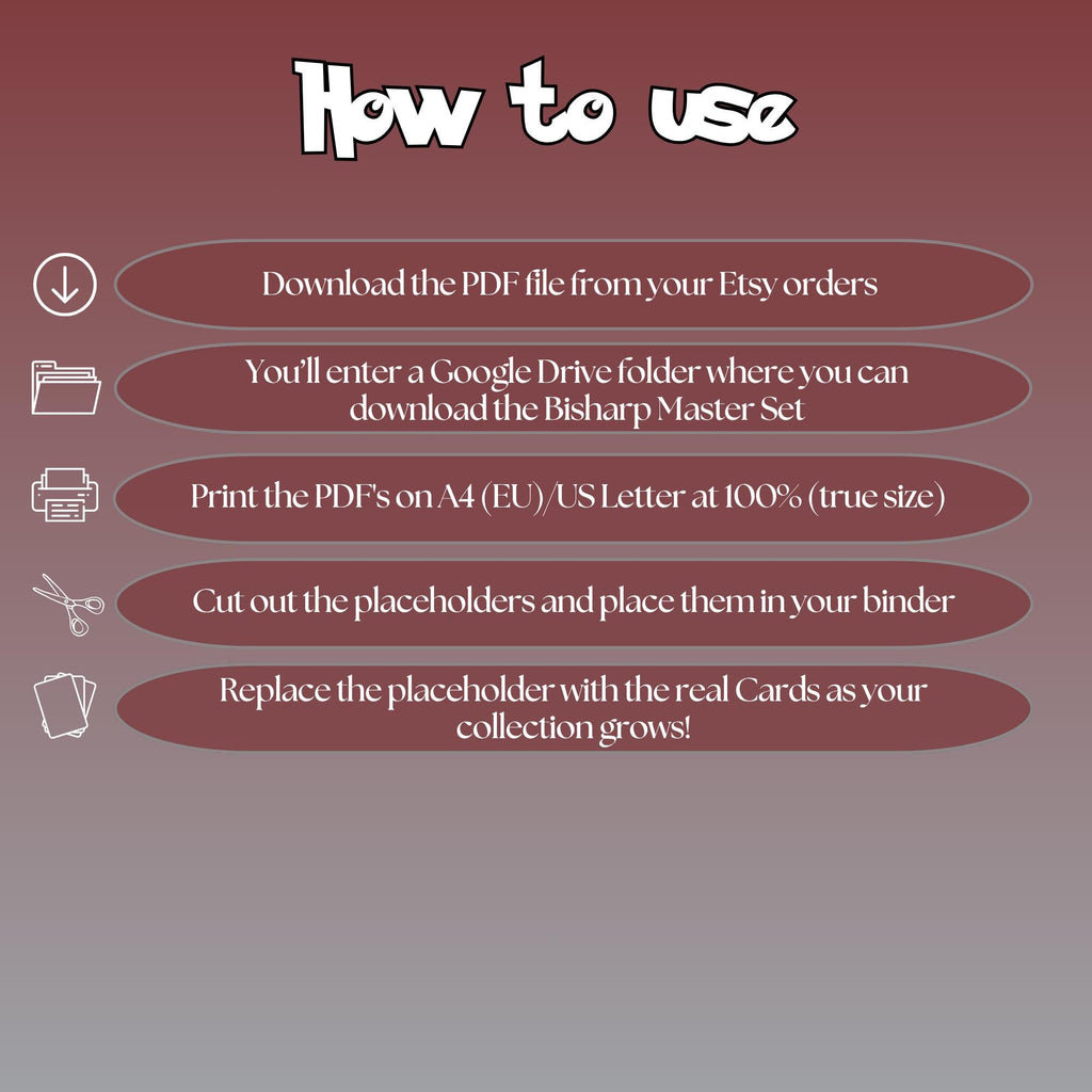 Bisharp cards digital download instructions explaining how to print, cut, and place placeholders in a Pokémon binder.