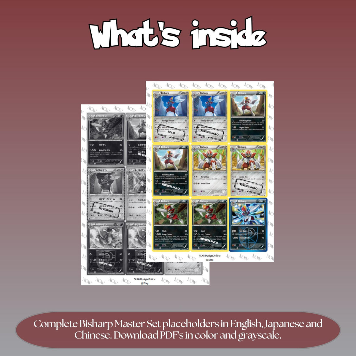 Bisharp binder pages set overview showing the included Pokémon cards to print and cut for your binder sleeves.