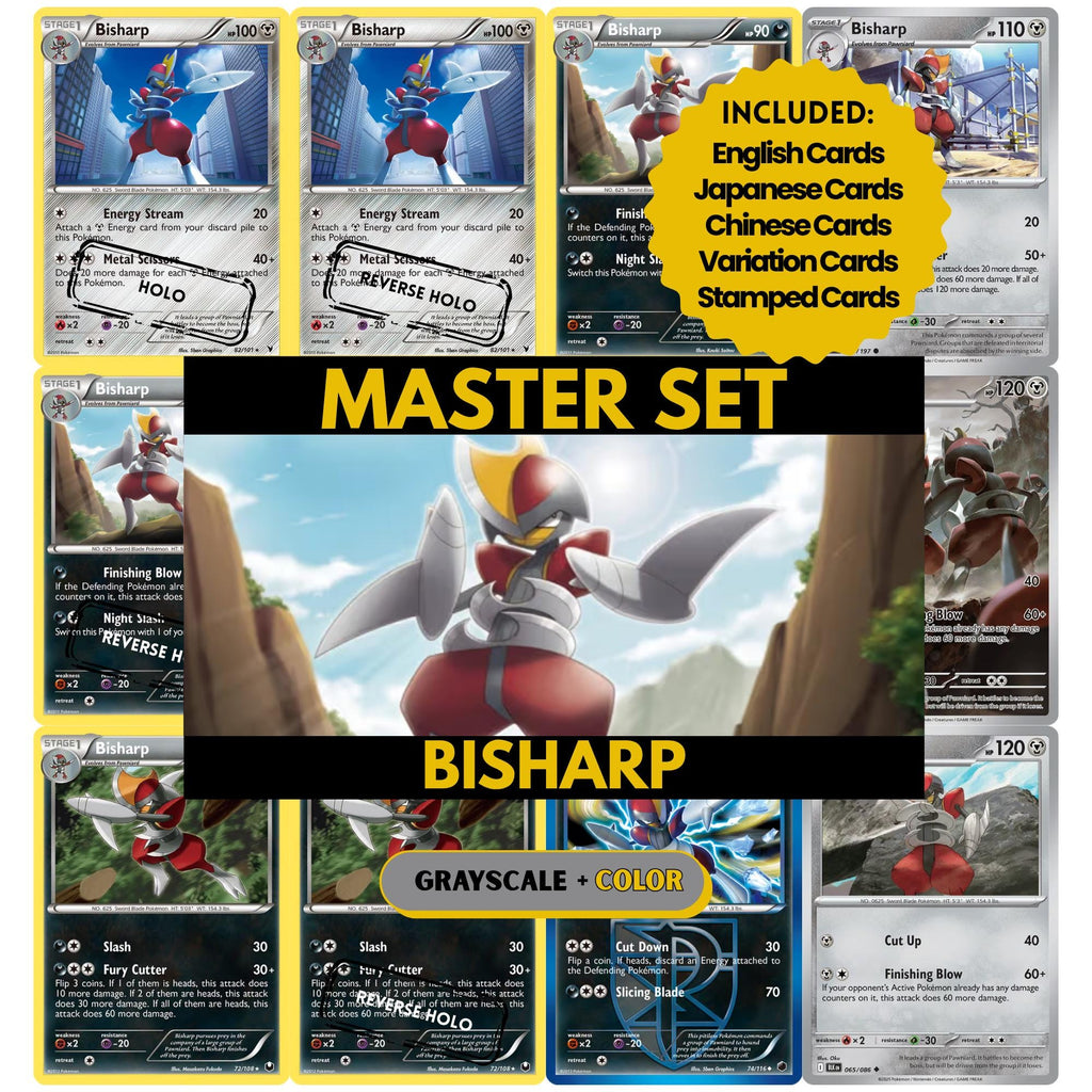 Bisharp binder pages set showing grayscale and color Pokémon cards, designed as a digital download to complete a collector’s binder.