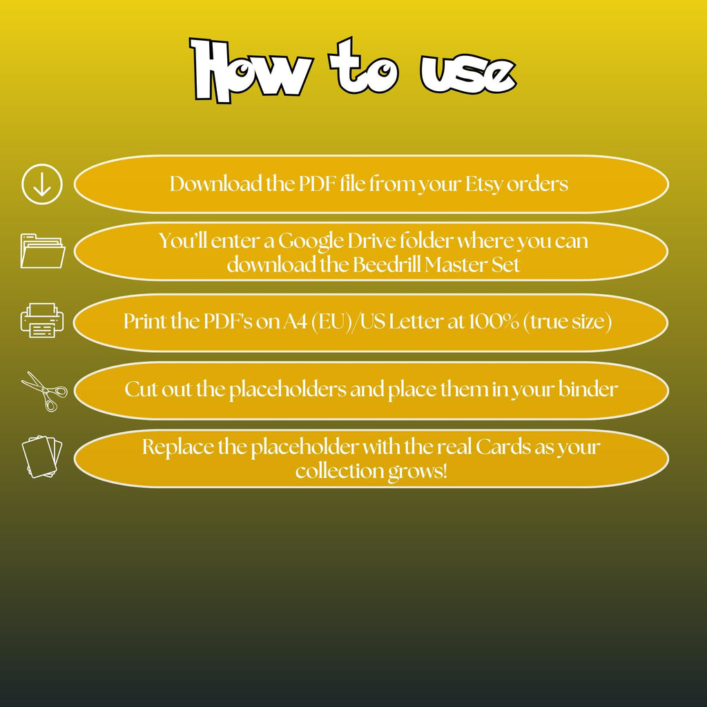 Beedrill cards digital download instructions explaining how to print, cut, and place placeholders in a Pokémon binder.
