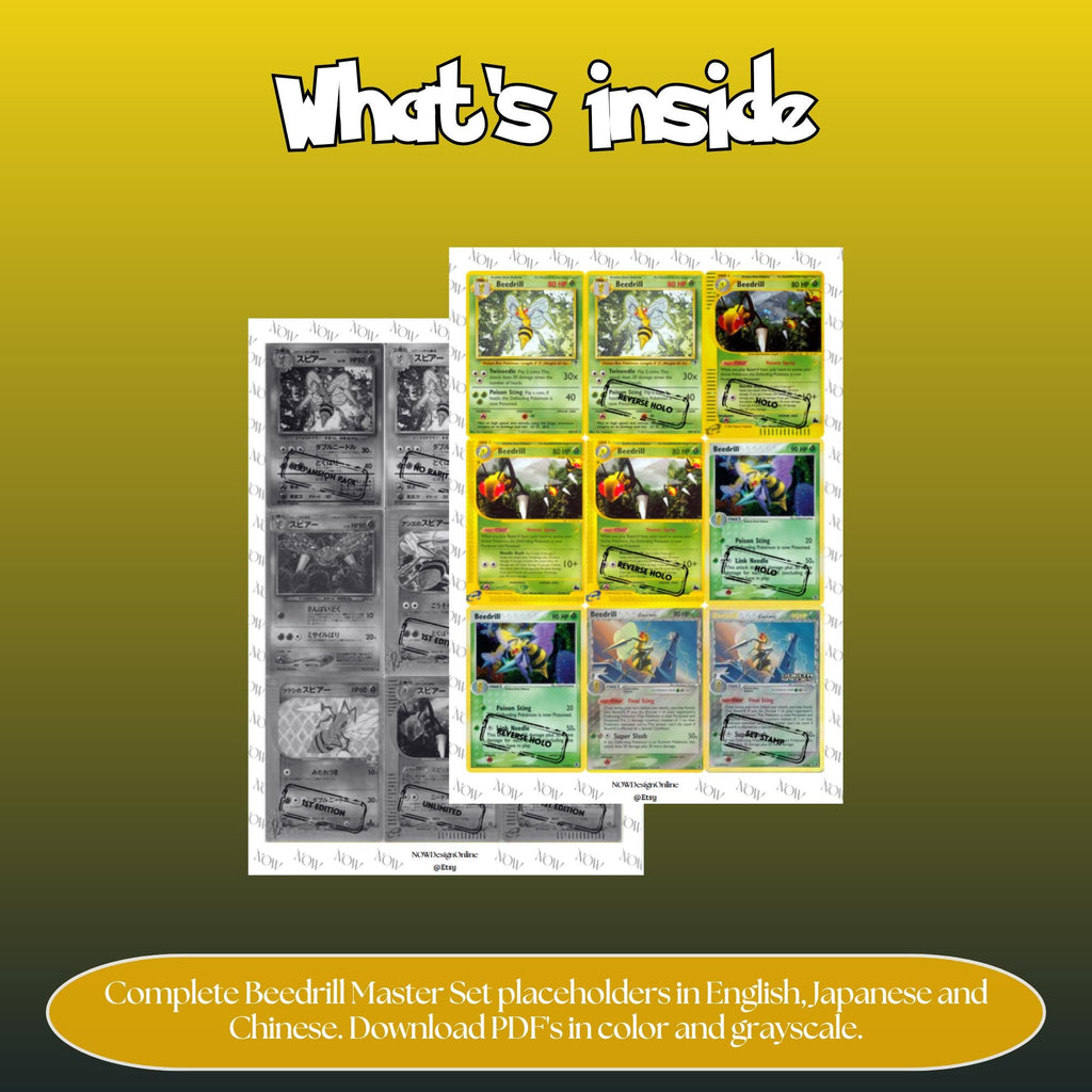 Beedrill binder pages set overview showing the included Pokémon cards to print and cut for your binder sleeves.