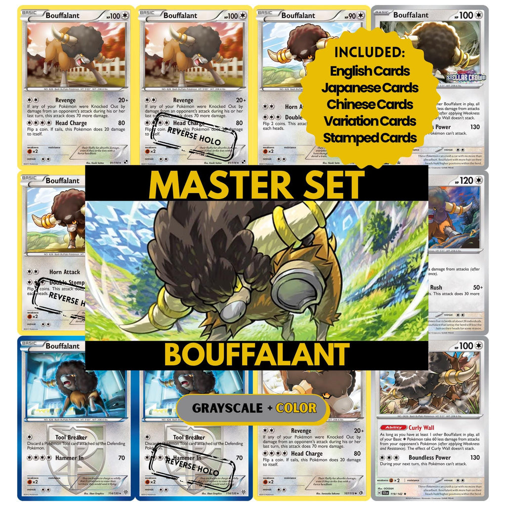 Bouffalant binder pages set showing grayscale and color Pokémon cards, designed as a digital download to complete a collector's binder.