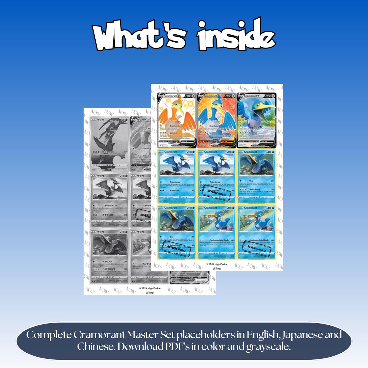 Cramorant binder pages set overview showing the included Pokémon cards to print and cut for your binder sleeves.