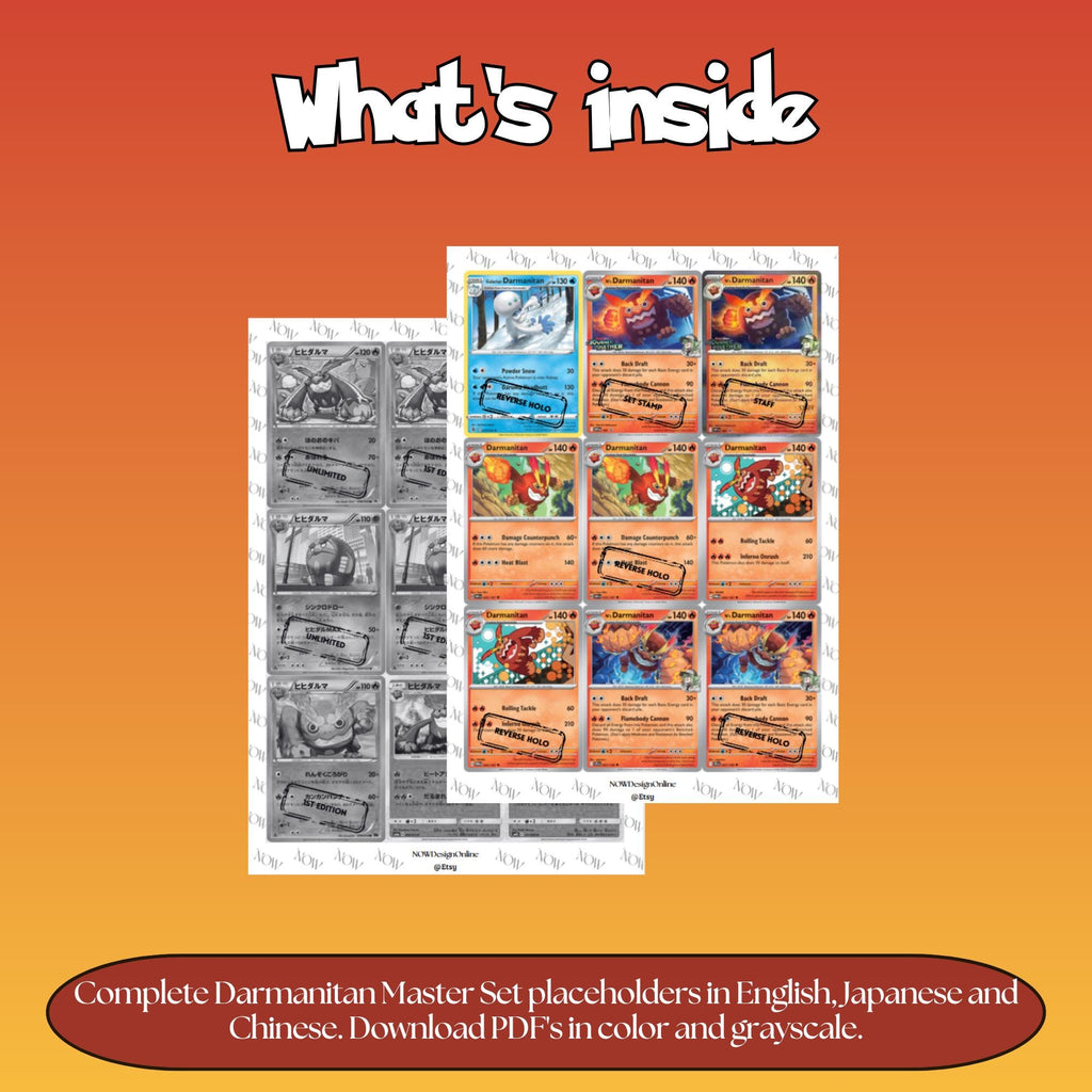Darmanitan binder pages set overview showing the included Pokémon cards to print and cut for your binder sleeves.