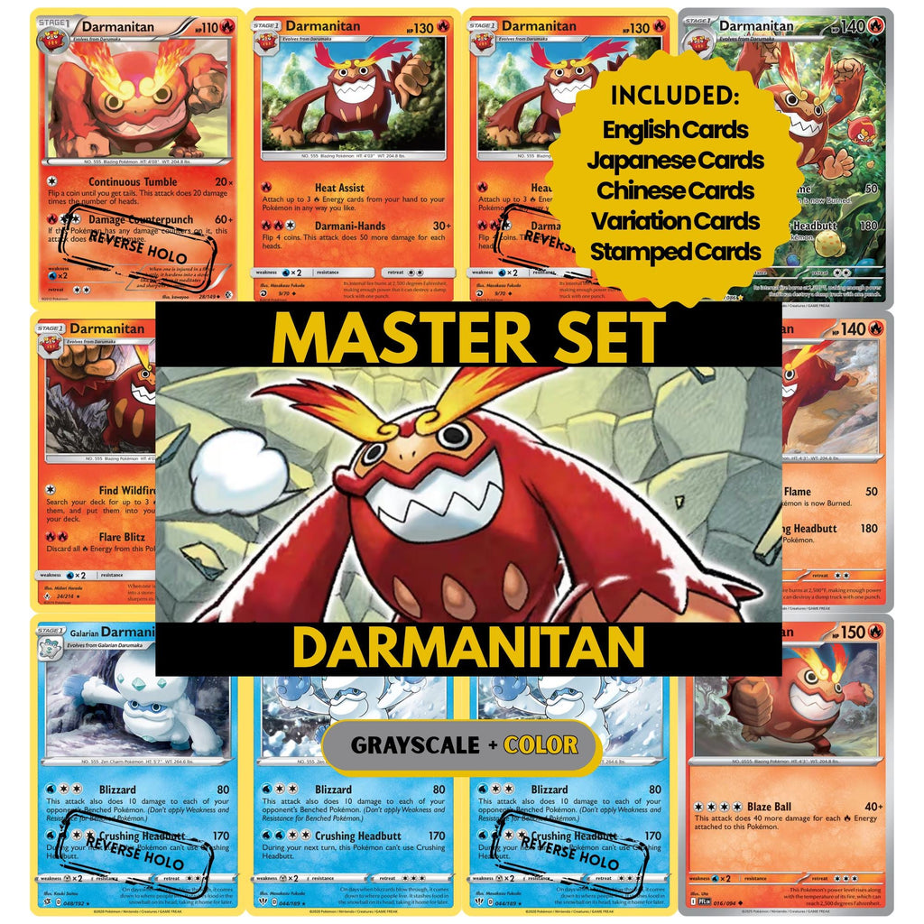 Darmanitan binder pages set showing grayscale and color Pokémon cards, designed as a digital download to complete a collector’s binder.