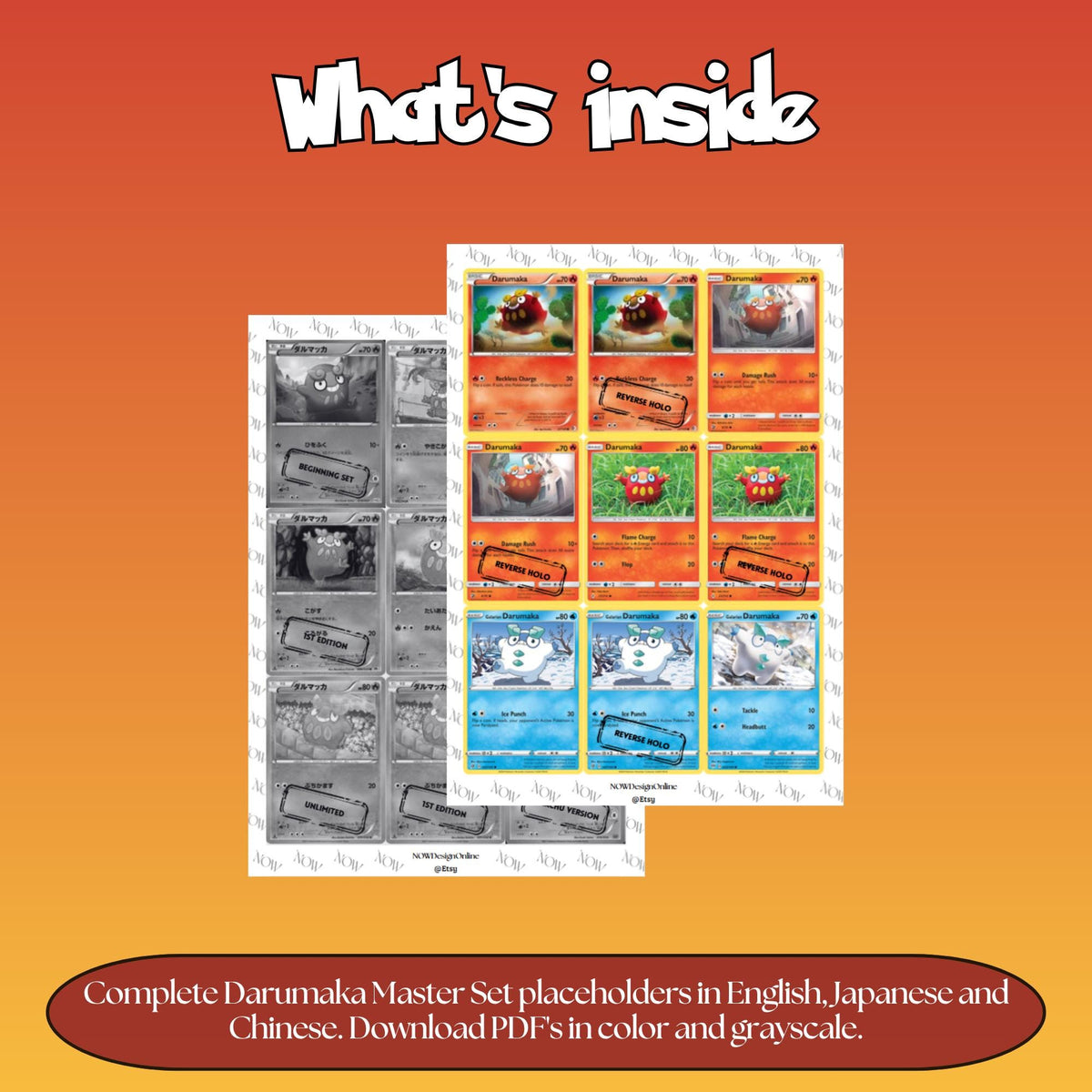 Darumaka binder pages set overview showing the included Pokémon cards to print and cut for your binder sleeves.