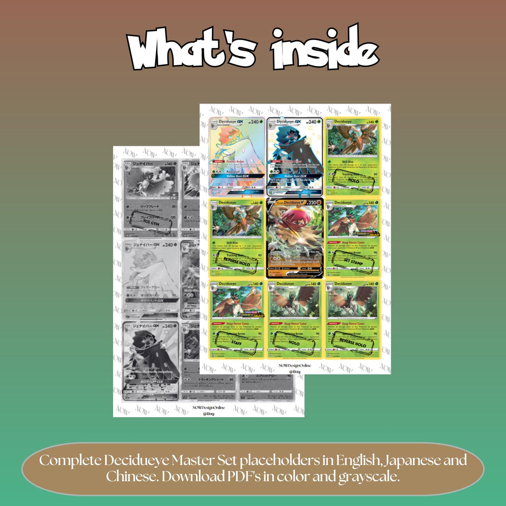 Decidueye binder pages set overview showing the included Pokémon cards to print and cut for your binder sleeves.