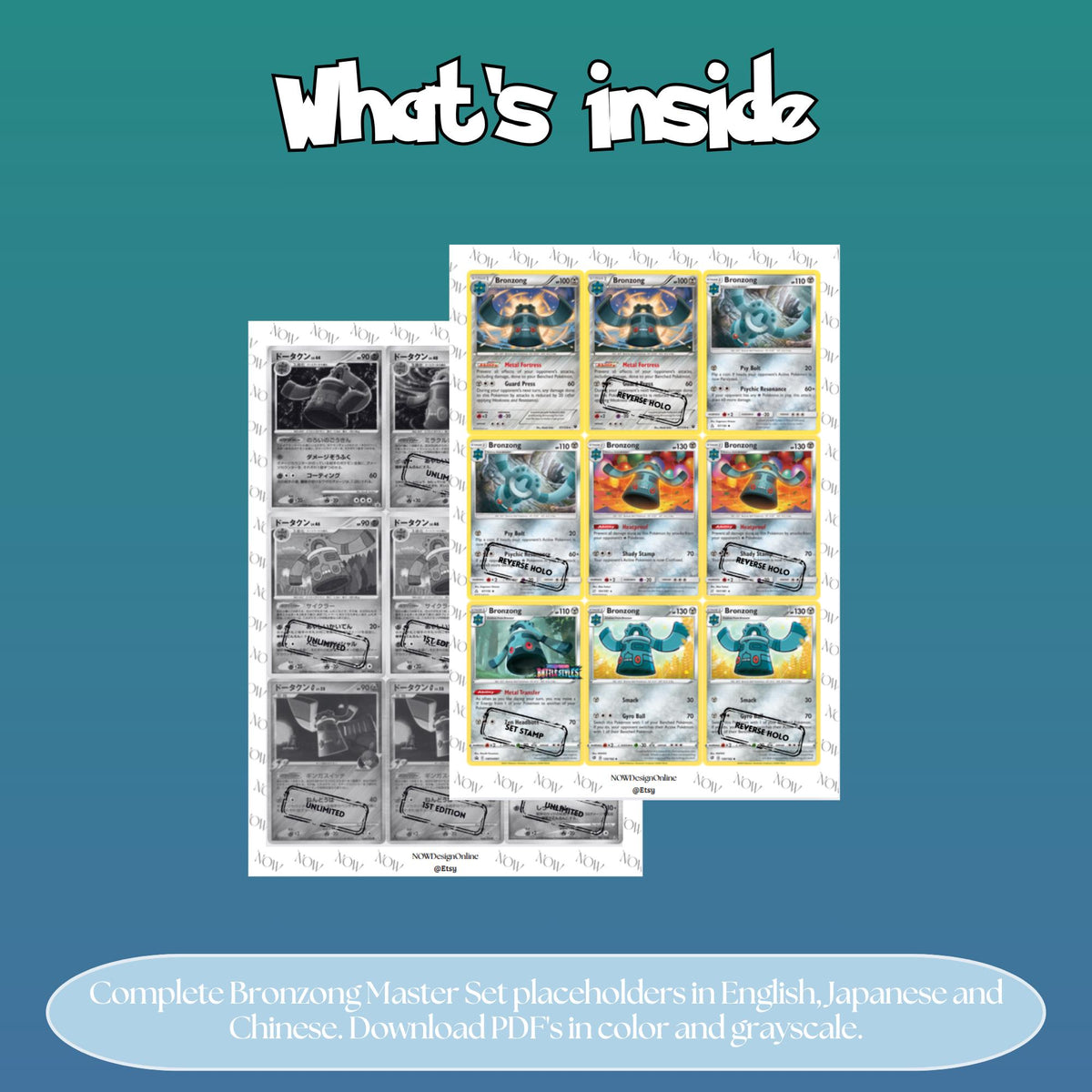 Bronzong binder pages set overview showing the included Pokémon cards to print and cut for your binder sleeves.