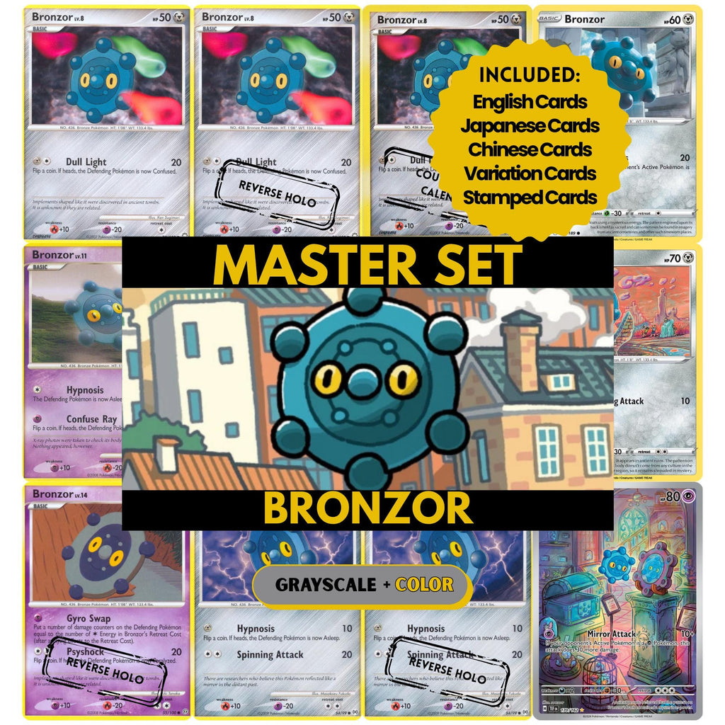 Bronzor binder pages set showing grayscale and color Pokémon cards, designed as a digital download to complete a collector’s binder.
