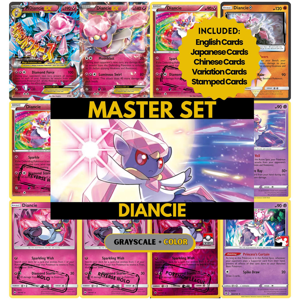 Diancie binder pages set showing grayscale and color Pokémon cards, designed as a digital download to complete a collector’s binder.