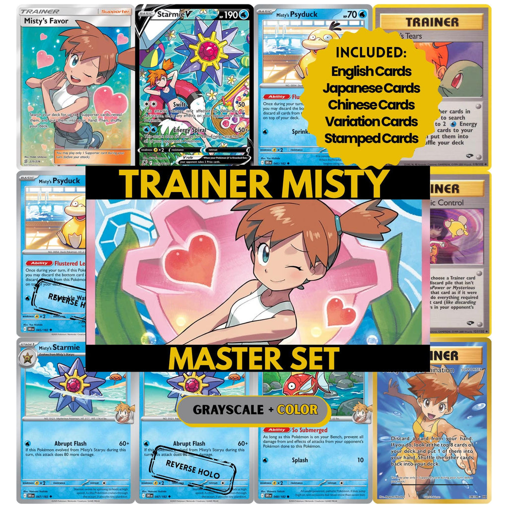 Trainer Misty Master Set binder pages set showing Pokémon placeholders in grayscale and color, designed as a digital download to complete a collector’s binder.