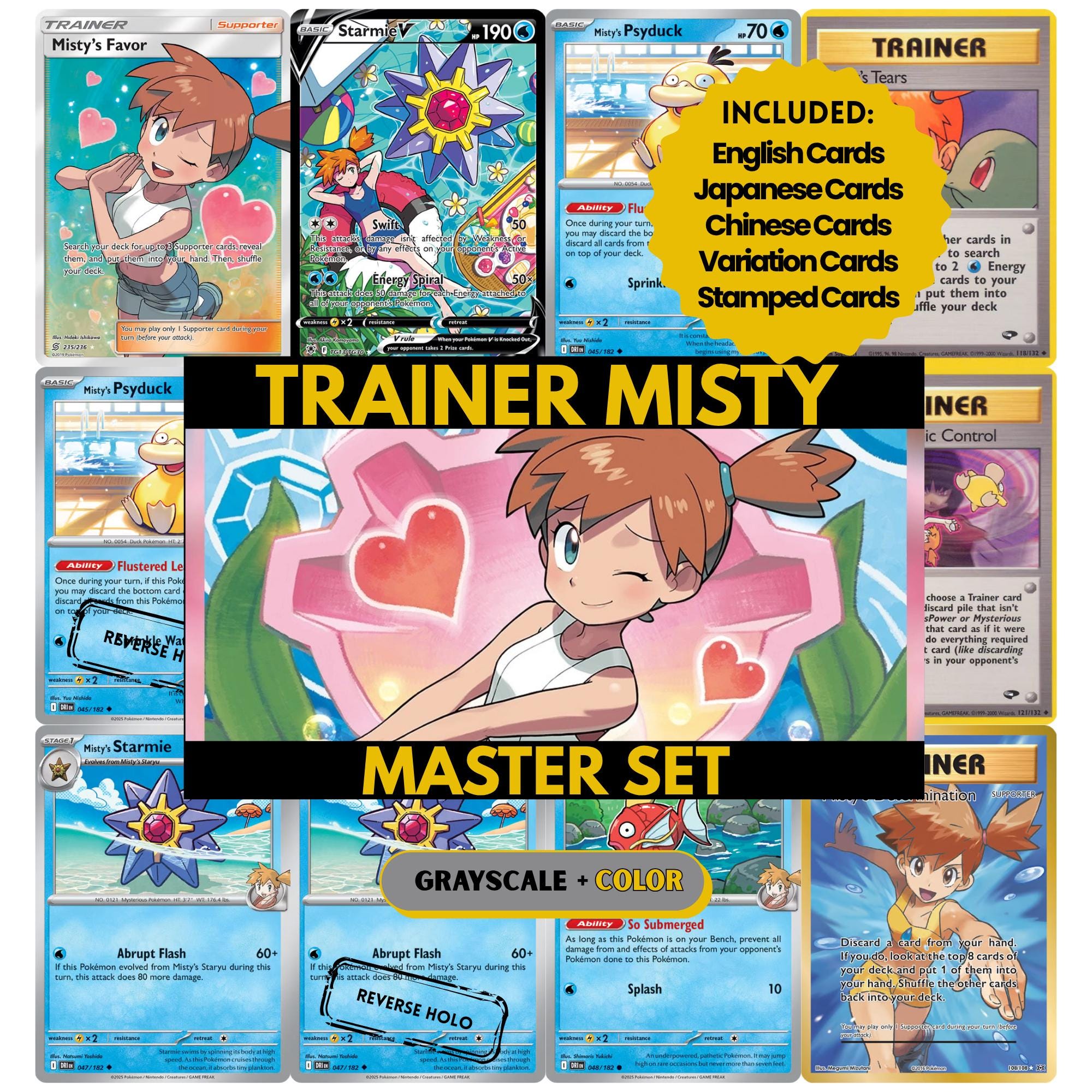 Trainer Misty Master Set binder pages set showing Pokémon placeholders in grayscale and color, designed as a digital download to complete a collector’s binder.