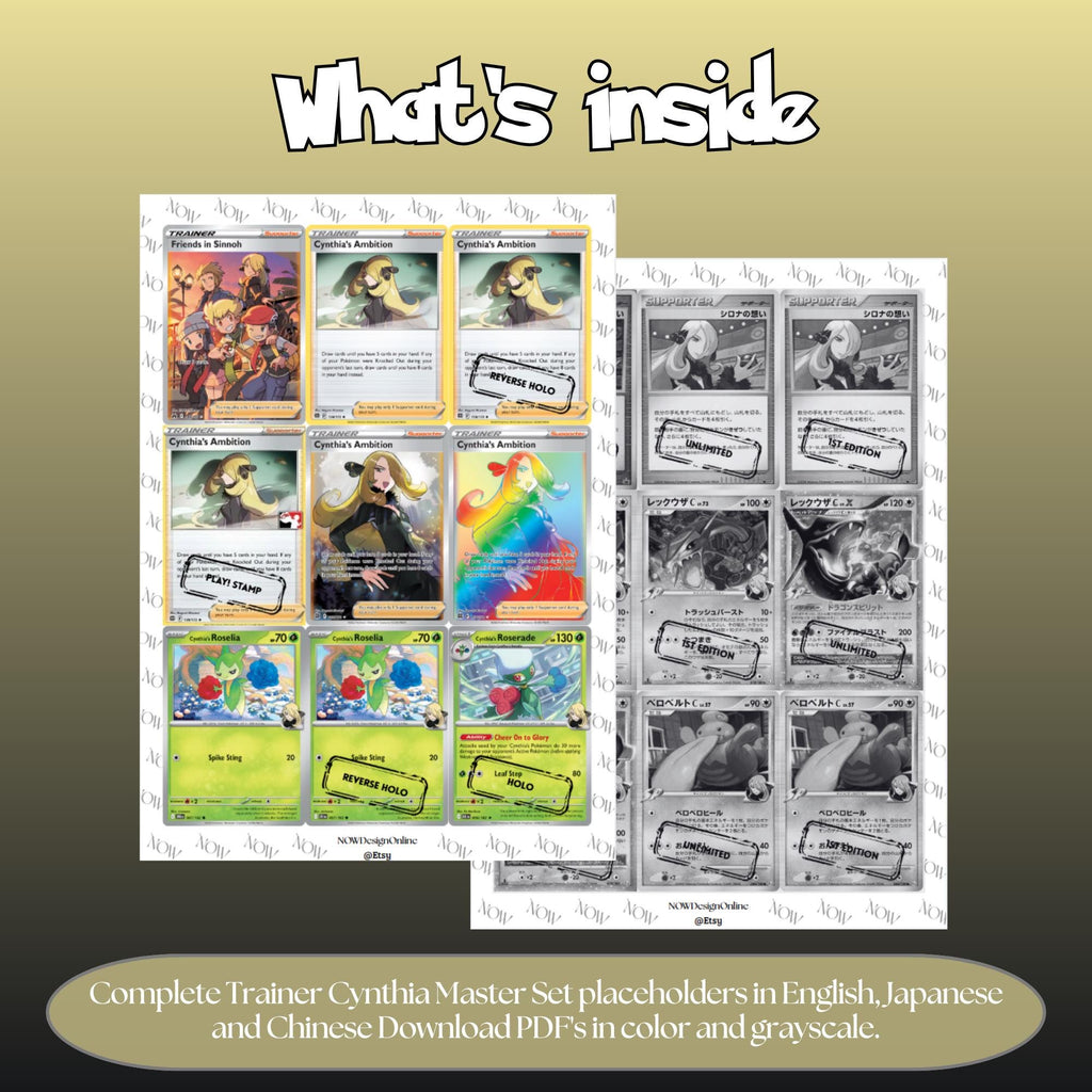 Trainer Cynthia Master set overview showing the included Pokémon cards to print and cut for your binder sleeves in grayscale and color.