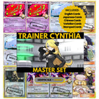 Trainer Cynthia Master Set binder pages set showing Pokémon placeholders in grayscale and color, designed as a digital download to complete a collector’s binder.
